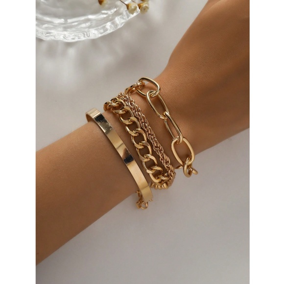 Set of 4 Fashion Bracelets Bohemian Style Link Chain Cuff Gold tone Metal Iron - Picture 5 of 5